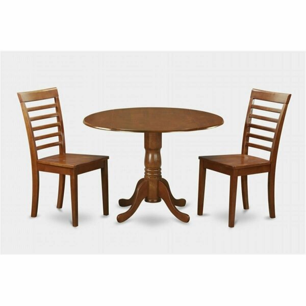East West Furniture 3PC Kitchen Round Table with 2 Drop Leaves and 2 Ladder-back Chairs with wood Seat DLML3-SBR-W